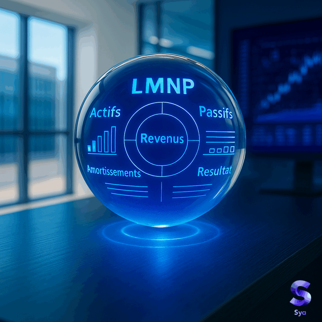 Sphère de bilan LMNP en verre bleu affichant actifs, passifs, amortissements et résultat dans un bureau moderne.