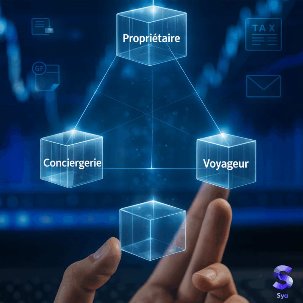 Schéma illustrant la relation entre propriétaire, conciergerie et voyageur dans un modèle de sous-location professionnelle.